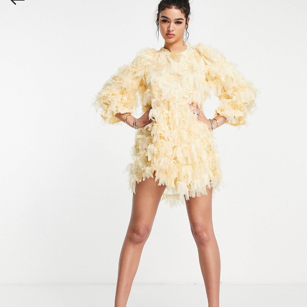 ASOS Sister Jane long sleeve mini dress with tie back in yellow ruffle. Size L